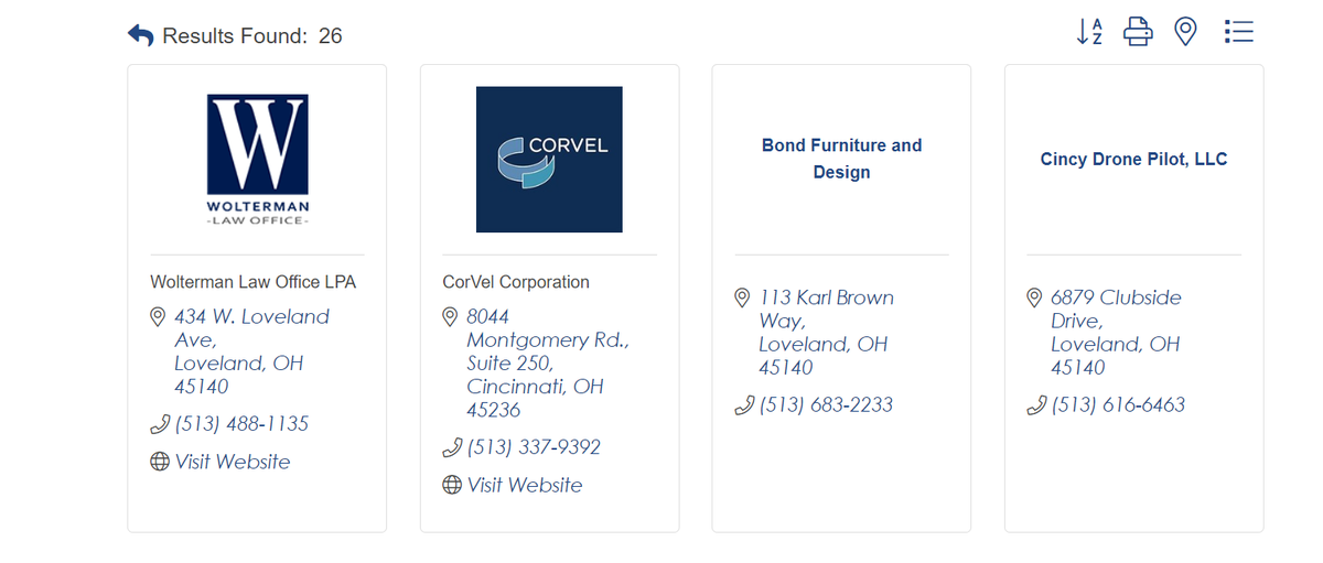 Business contact information icons on a website